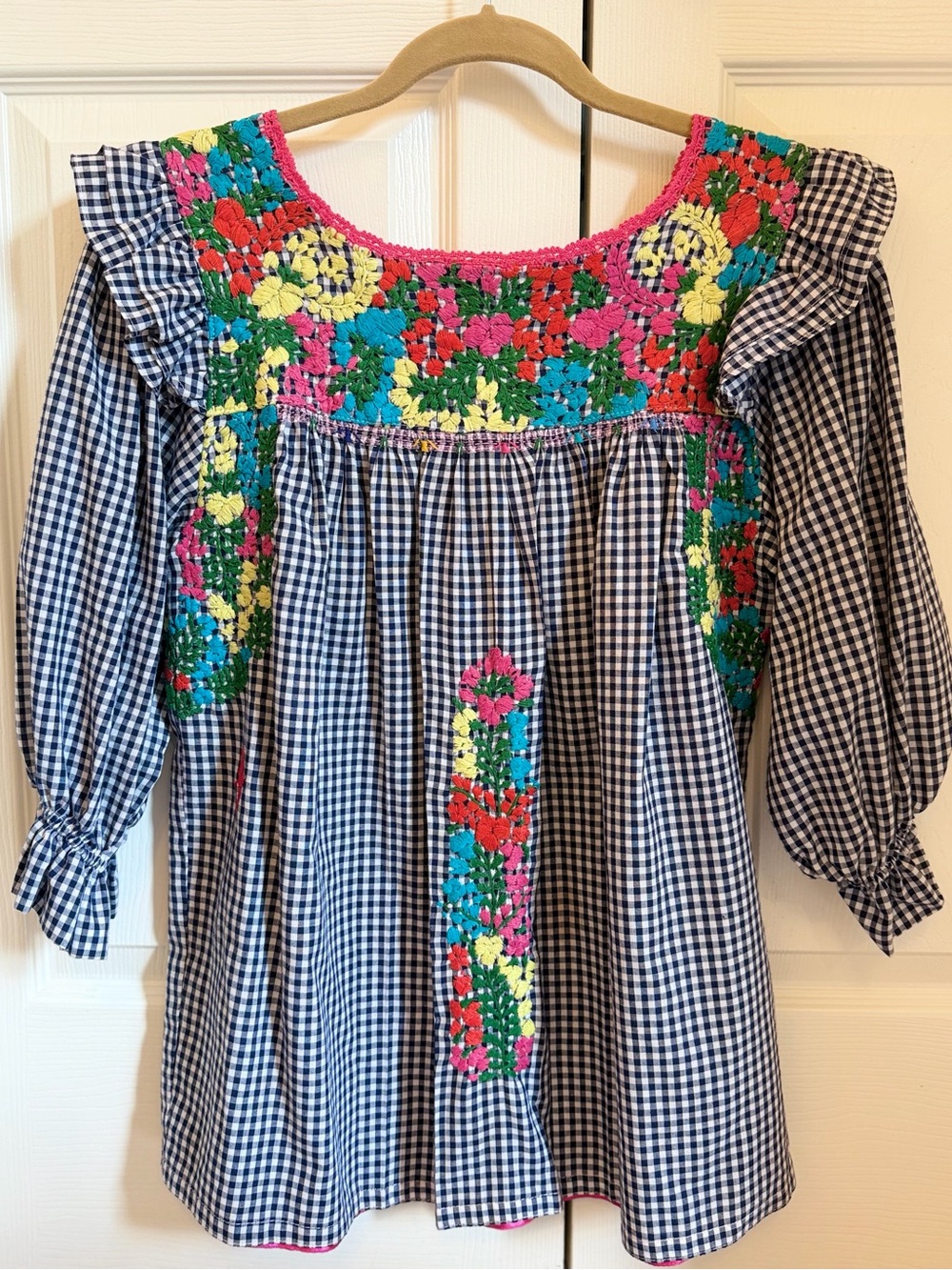 EUC Mi Golondrina x Shop Capitol navy gingham top multicolor embroidery small